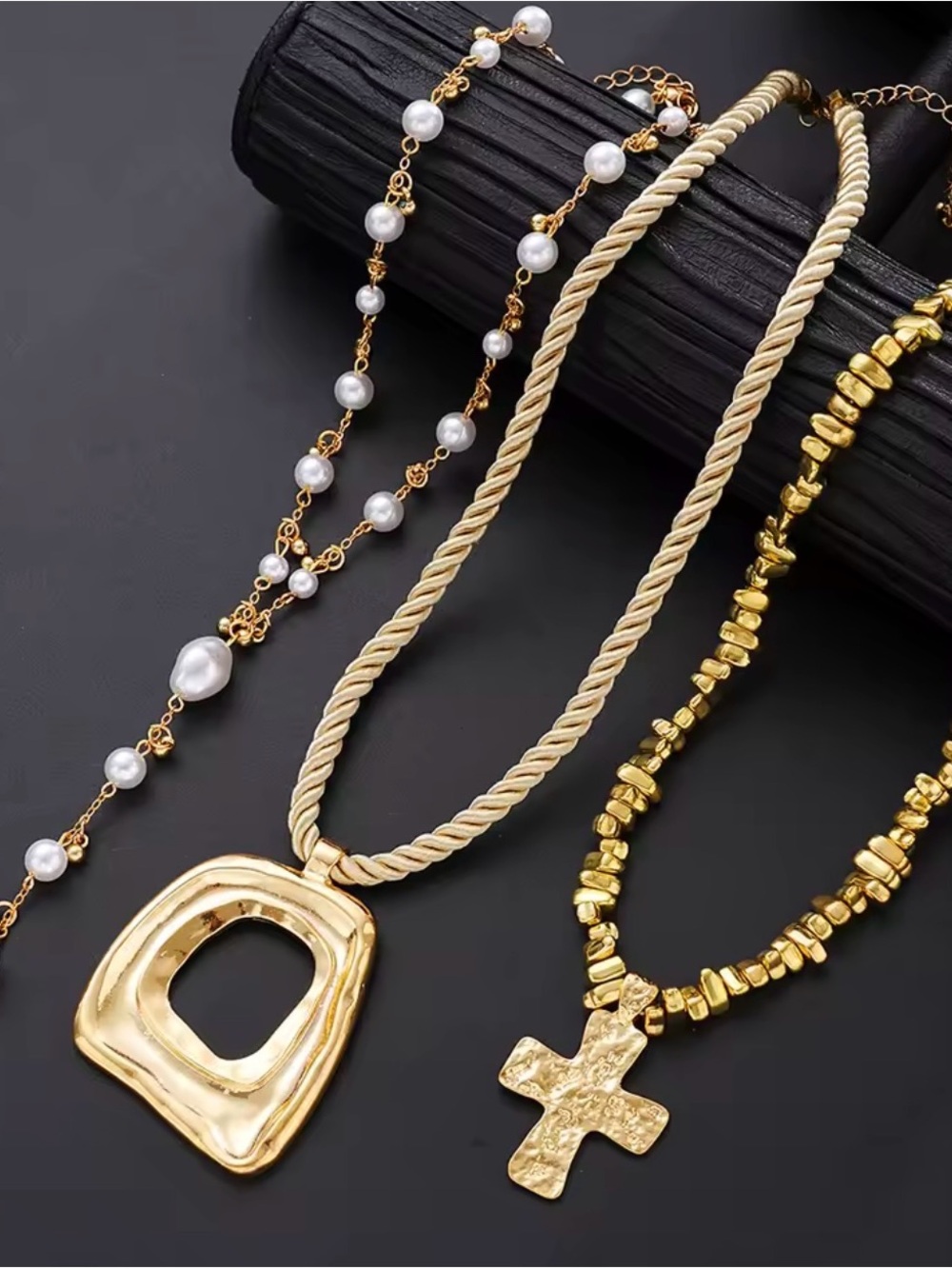 Gold Tone Layered Necklace Set with Pearl Accents